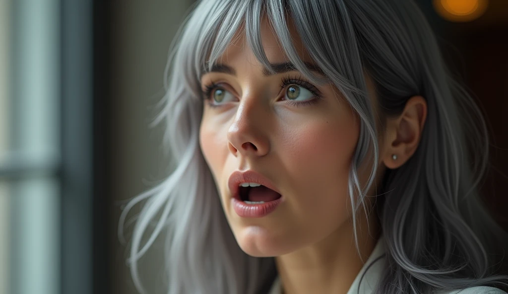  WOMAN OF EUROPEAN APPEARANCE, 30 years old, astonished,  close-up , full face,  high quality,  Photorealistic , neat hairstyle, on the right, all hair is gray 