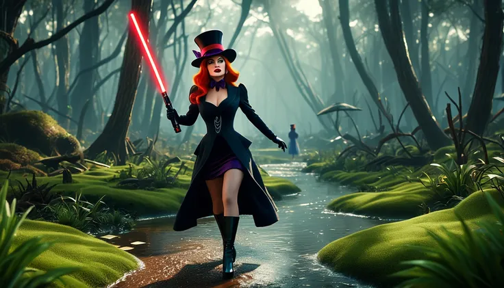  realistic 3d cartoon style ,  Crazy Hat Shop Holding a Red Lightsaber in Her Hand  ( The Hatter Has a Red Lightsaber in Her Hand ), ( The Hatter runs down a swamp path ), (( from the Hatter  ( Characters from an Era After Desolate World Run Away) Jessica ...