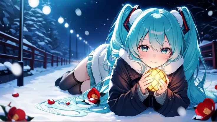 Hatsune Miku admires camellias in the snow at night, vibrant, masterpiece,  Very Aesthetic Masterpiece,  top quality , full body shot