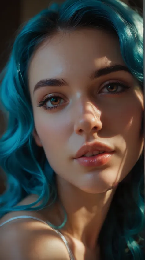  Face of a young woman with smooth blue hair ,Close to the face .  His eyes are large and expressive ,  of light brown color ,  with well-defined and slightly arched eyebrows .  She has a symmetrical face ,  with soft cheekbones and a straight and proporti...