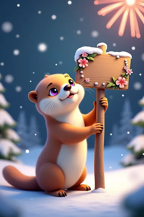 In this whimsical scene, a small,  An adorable otter is standing upright ,  the foot is wrapped around a rustic wooden sign decorated with delicate flowers and snow .  with round faces leaning forward ,  evokes a sense of innocence and hopelessness ,  expr...