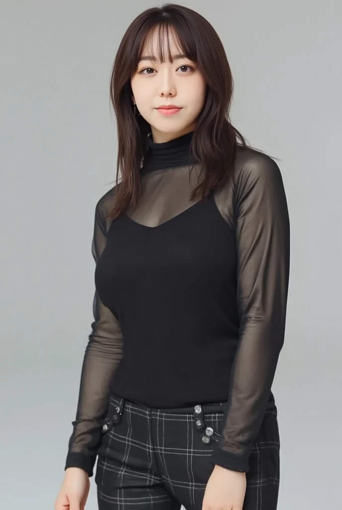 8k, RAW Photo, Best Quality, Masterpiece:1.2),(Realistic, photo-realistic:1.37), Super Detail, Wearing black pantyhose,She is wearing tight thin fitting transparent black long sleeve turtleneck, no skirts, transparent, cinematic lighting, sexy pose, monoto...