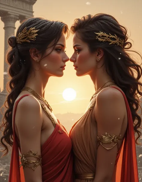 美しい魅力的な古代Romeの成熟した女性,   2 women side by side , Holding shoulders, compensate,  wind,  jewelry, Rome, Falling snow, The mature and beautiful woman of ancient Rome facing the sun, with a charming, 1/3 view