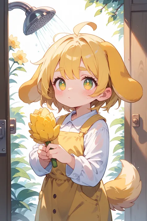  asian girl， unique ， Yellow Hair ，Short hair，  yellow pupils  ， Wrap  ，  holding a yellow tulip in his hand，Just had a shower ，The hair is dripping，blushing， with yellow dog ears on his head ， Droopy Ears ， yellow plush ears ，  the sun is shining ，yellow ...