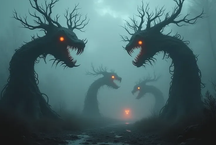 Draw a forest in the fog ,  instead of ordinary trees - spooky metal trees from the future. There is a slight orange glow in the trees. dark around .