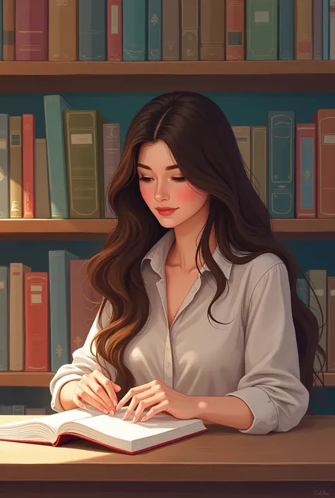 Illustration d’une femme brune aux cheveux bouclés devant une bibliothèque colorée pastel qui est en train de lire