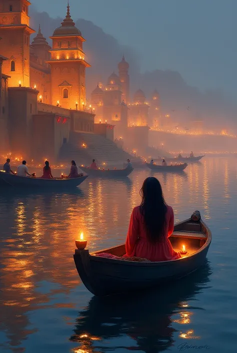 Varanasi ghat with a women on a boat witnessing dev deepawali and some diyas in the background, make it more like a painting