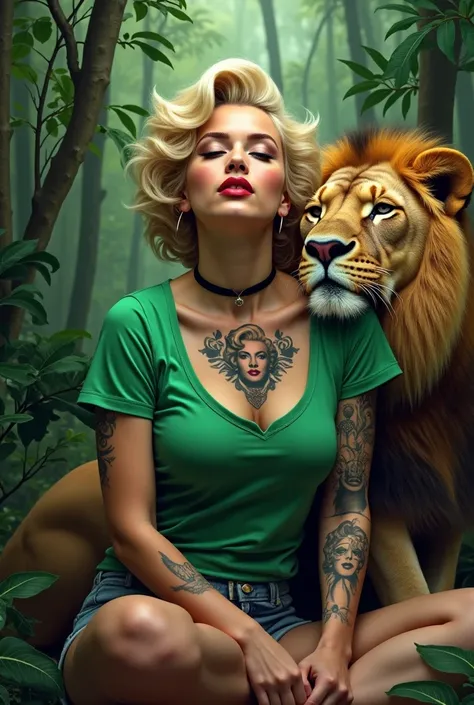 marylin monroe tattoed - green tshirt - sit near with a lion - background jungle 