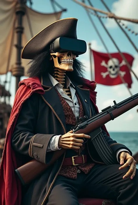  A hyperrealistic photo of a skeleton dressed as a pirate,  Mafia with virtual reality glasses on , with a sniper in his hand  ,  A sign that says : the Xamorrillo .  Riding on a pirate ship and a pirate flag in the background 