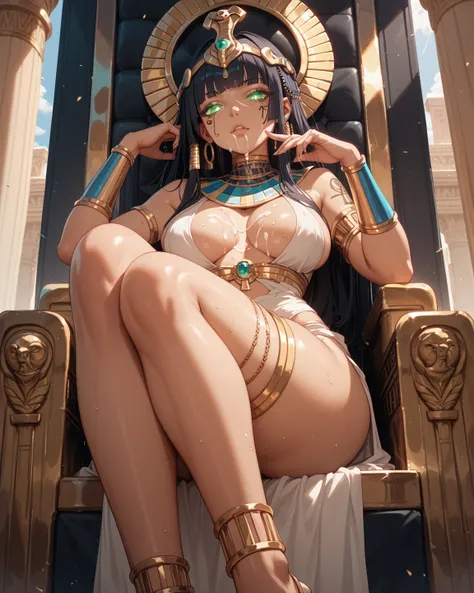 egyptian goddess, sitting on throne, legs together, green eyes, glowing eyes, cum on face, cum on breasts, thick thighs, big ass, long legs, tattoos on body, sweat, in clothes, front view, low-angle view