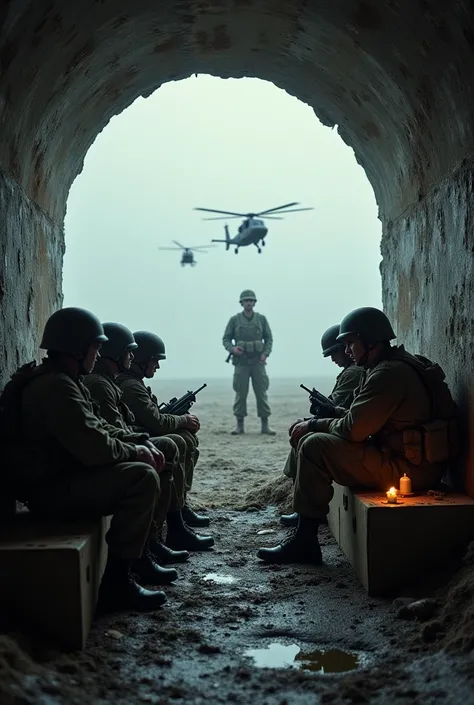  An old dirty dugout . The walls are covered with rusted patches and frost .  A trench candle is smoking on the box .  A group of 8 soldiers in action poses in modern combat outfit and modern helmets with a bandaged damaged hand near a machine gun is sitti...