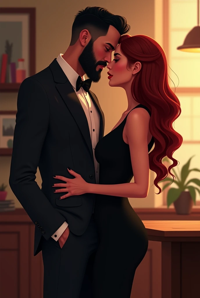   beautiful illustration of lovers in the office  , lover, The,   a beautiful sensual couple  .  she is a very beautiful woman ,  curvaceous and voluptuous  , with lots of curves  ,   in a beautiful and sensual black dress .   Her hair is long and dark red...