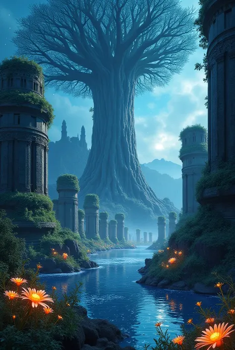 A vast, mystical landscape of Elden Ring, featuring towering ancient ruins covered in ivy, a shimmering lake reflecting a starry sky, luminous flowers glowing in the twilight, and a silhouette of a colossal tree in the background, all enveloped in an ether...