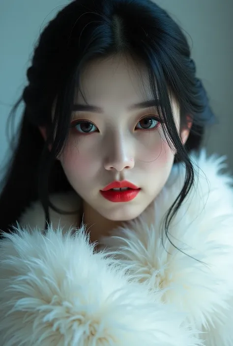 Japanese Girl, Makeup, Lipstick,eyeliner, long straight black hair, white fox fur jacket, over shoulders 