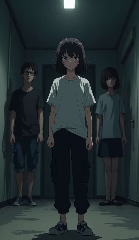 An anime teen girl wearing loose t-shirt and a black cargo standing infront of her parents leaving her in the dark room.