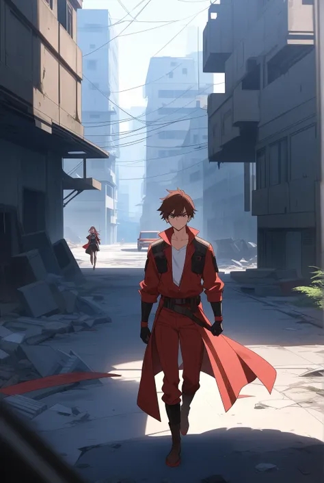 A hot-blooded, red-brown schoolboy with a strong sense of justice runs through an abandoned city of the future ブレザーの黒い制服着て　