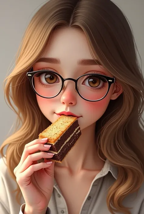 create a teenage girl with glasses and thick eyebrow but not too thick , having a narrow eyes , shaped and pink lips , golden brown hair eating kunafa chocolate cake 