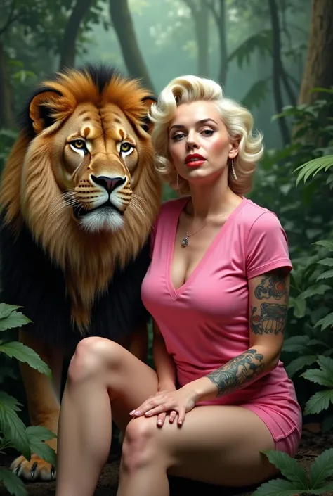 MARYLIN MONROE TATTOED - PINK TSHIRT - SIT NEAR A LION - BACKGROJND JUNGLE