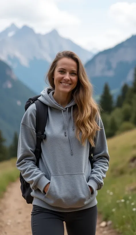 A 37-year-old woman in a casual gray hoodie, standing on a hiking trail with mountains in the background.