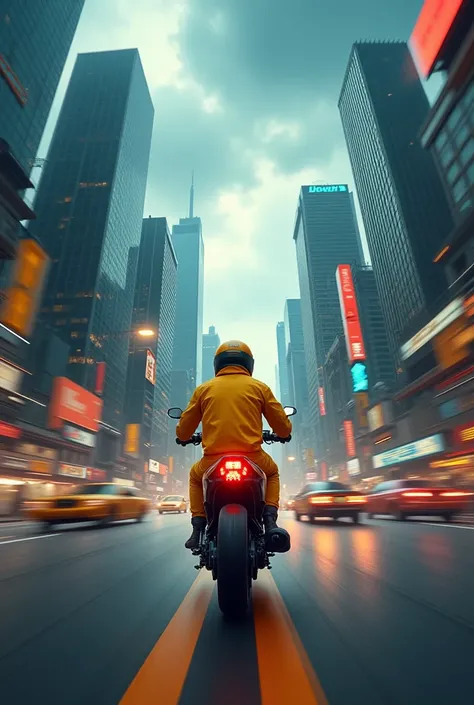 high quality, detailed, photorealistic, 1 courier, yellow uniform, electric motorcycle, weaving through traffic, motion blur, dynamic composition, vibrant colors, dramatic lighting, urban city scene, skyscrapers, stormy sky, cinematic, award-winning, digit...