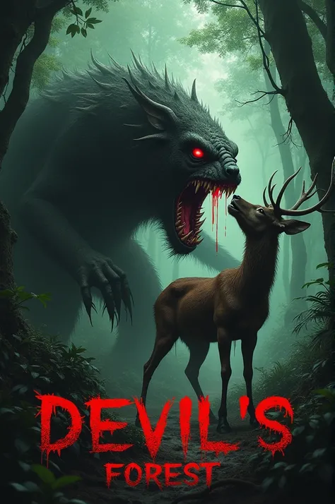 Horrible Creature in jungle with big teeth eating a deer and also write "Devils Forest" in red and white horrible words 