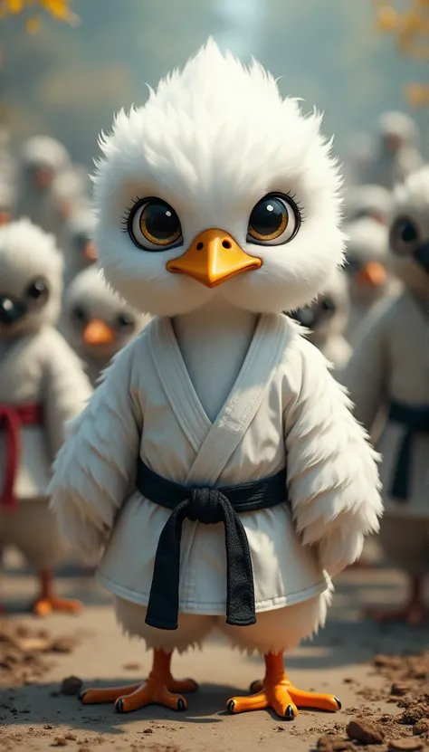 a white bird with a big head、karategi,karate,Realistic、kawaii、There are enemies all around, cute、 eyes are twinkling、 has big eyes、Fluffy
