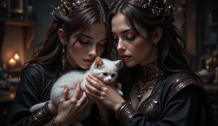  Two witch girls hold a pure white kitten that they have just rescued. They cradle the kitten to keep it warm, their faces showing deep emotion and contentment. The scene is full of dynamic action and intricate details, including the velvety hands, the orn...