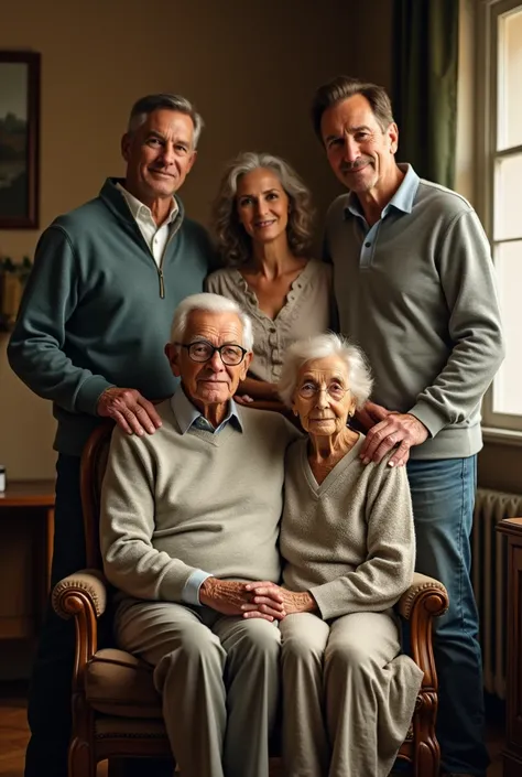 group photo with grand father and mother 
sitting in chair and also husband and wife standing behind them and two big brothers standing near them in each side 