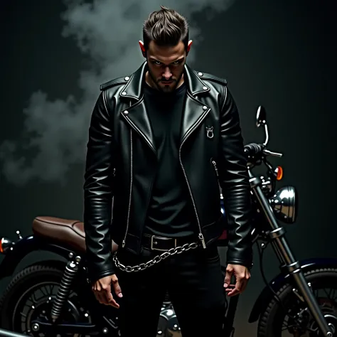 a man in a black leather jacket and a black leather shirt and black leather pants with a chain stands at the exhaust pipe of a motorcycle and inhales exhaust gases