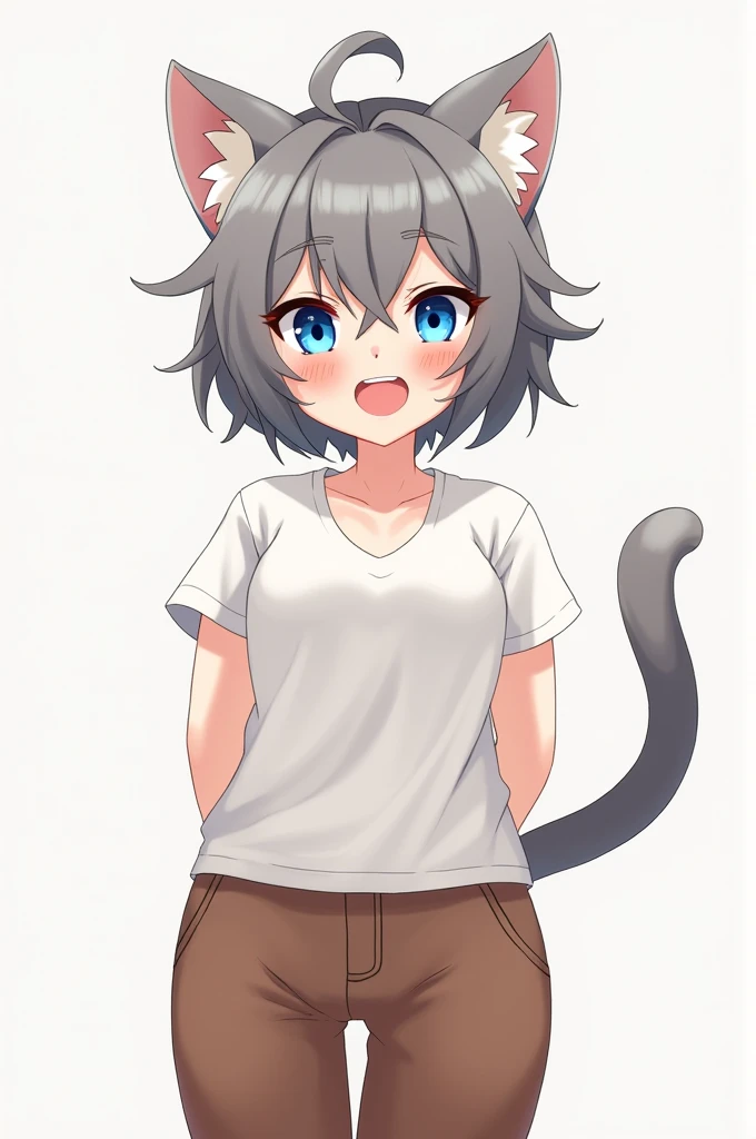 Make me a furry female cat with gray fur with short white t-shirt and brown pants and blue eyes and short anime-style hair smiling 