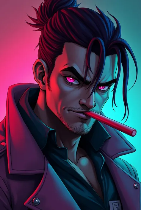 I want an image of Jinx from Arcane that is as close to ,  style in the background that he is looking from the front and that has a paddle stick coming out of his mouth,  as the image has a Miami vice 