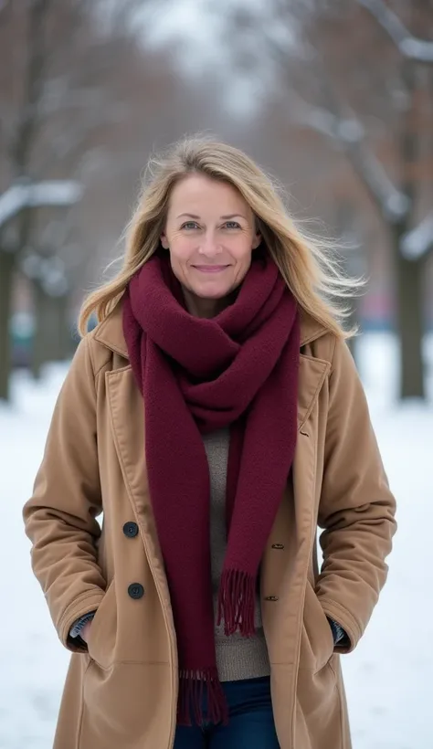 A 37-year-old woman wearing a maroon scarf and beige coat, walking in a snowy park.