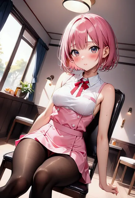 ((Restaurant Uniforms, skirt, black Pantyhose)), Shiny Costumes, Masterpiece, highest quality, highest quality, 16K, incredibly absurd, highly detailed, 2.5D, ai-generated, delicate and dynamic, very delicate facial expressions, delicate eye depiction, ero...