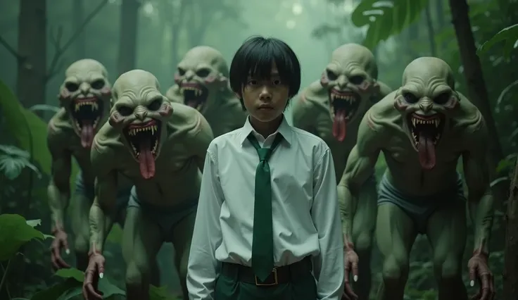 Scene of a javanese male boy in white uniform long sleeve green tie trousers in the middle of a creepy Jungle with a group of monstrous Gendoruwo monsters behind the man,  with greenish pale skin , sharp teeth, creepy eyes ,  and long menacing red nails . ...