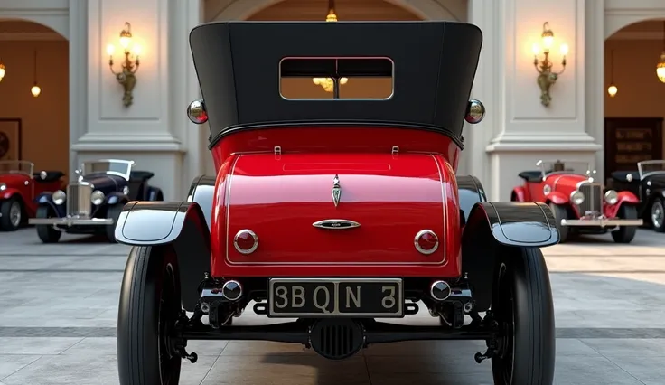 A back profile photorealistic 3D render of a 1908 Ford Model S in glossy red with a black roof. The car is positioned outside the front of a luxurious, bright white royal auto garage. The Ford Model S has an iconic vintage back profile, chrome taillights, ...