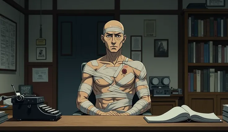 Anime, A Japanese man with bandaged wounds  all over his body  siting in his office in the 1940s 