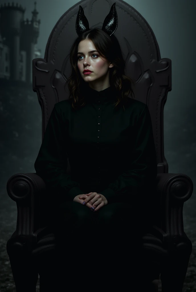 The image is a digital art piece that appears to be a portrait of a young woman sitting on a throne-like structure. She is wearing a black outfit with a high neckline and long sleeves, and her hair is styled in loose waves. She has a pair of black cat ears...