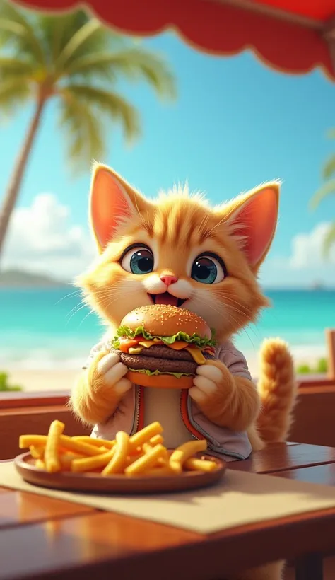 Waikiki in Hawaii 、Cute anthropomorphic cat eating hamburger and potatoes at McDonalds