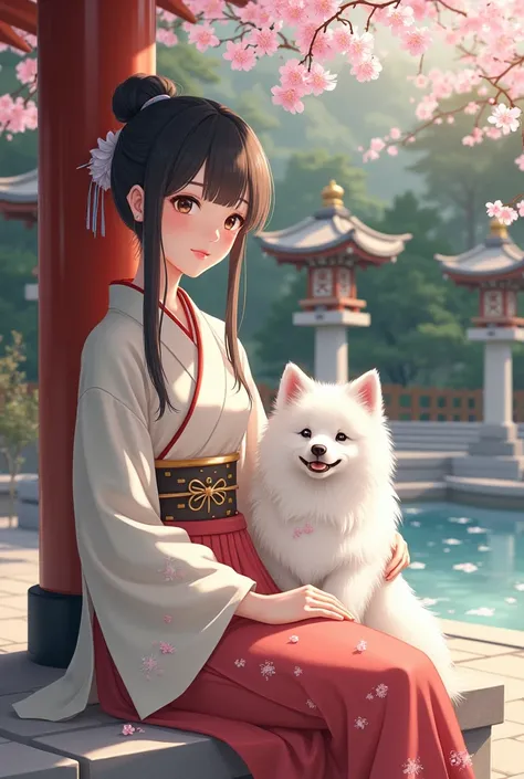  New Year　first visit of the year to a shrine　 cute woman sitting　Walking with a cute white Samoyed dog