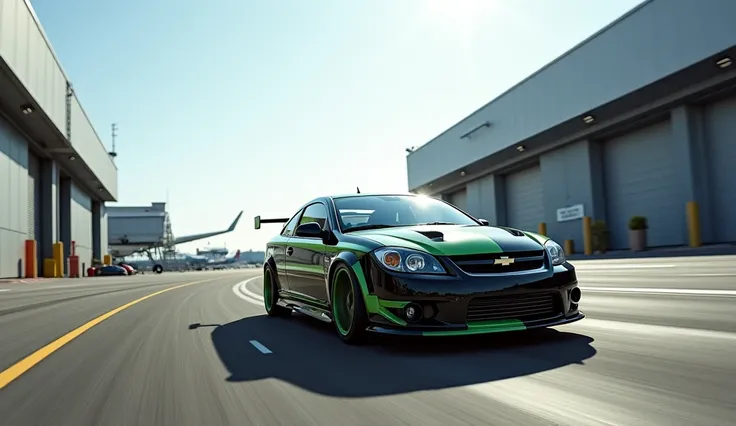 a car cobalt ss in black green and white color running on a narrow road on airport, big airplanes in shed, UHD, 4K, view from behind, view from back