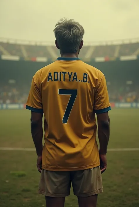 Generate a image, image background: Indian Football ground  a  old player showing back side of his jersey,
Jersey of india have name on that Aditya.B
Player number 7