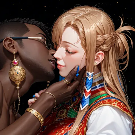 (( top quality )), ((masterpiece)), ( Details), （perfect face）、Yuki Asuna with bright brown hair wears an African Maasai costume, wears an engagement ring, marries a black African Maasai man, becomes a Maasai woman, and is snuggled up and hugged by her bel...