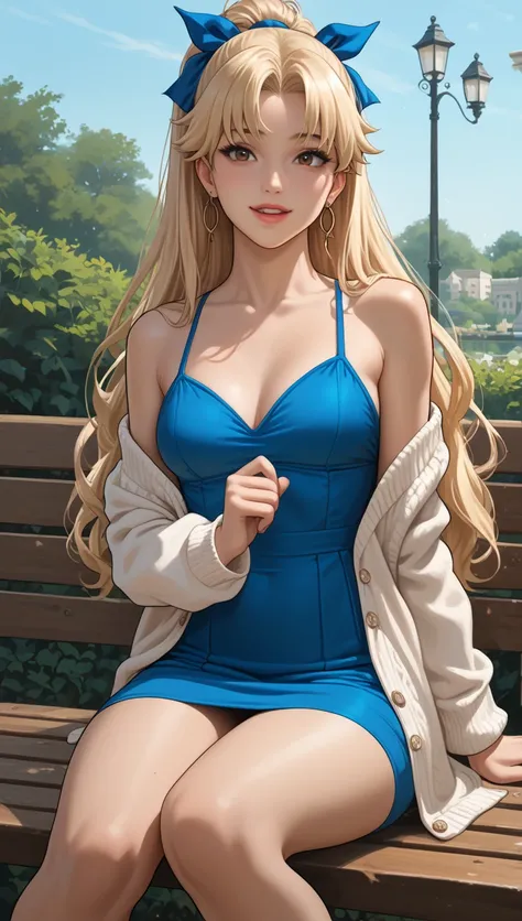 1girl, happy expression, adult, mature, medium breast, full lips, sky blue mini dress with white cardigan, sky blue color hair ribbon, BLONDE HAIR, High Ponytail, brown eyes, looking at viewer, sitting in bench, beautiful park. (Slim Body), portrait. (NOON...