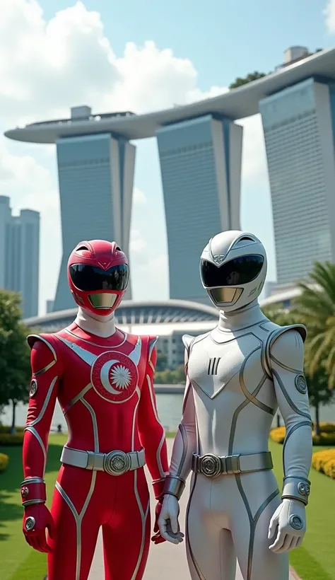 Number of Rangers: 2 (red, white).

Design:

Suits are sleek and futuristic, incorporating Merlion-inspired patterns and crescent moon motifs.

Helmets feature designs of modern architecture and the city’s skyline.


Environment:

The Rangers are in front ...