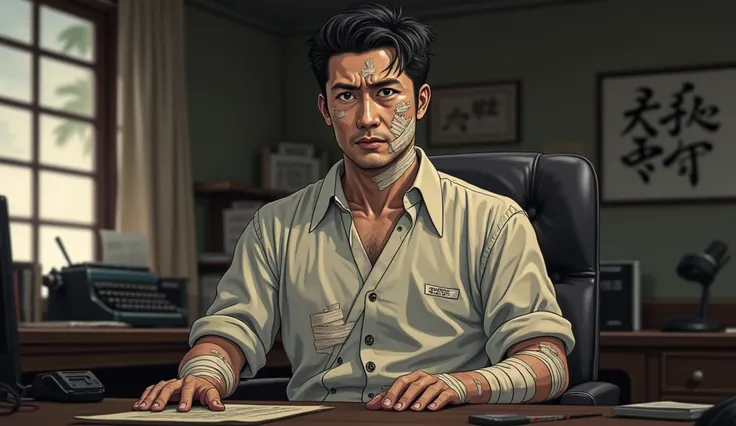 Anime, A Japanese man with bandaged wounds  all over his body  siting in his office in the 1940s ,he is wearing a shirt 