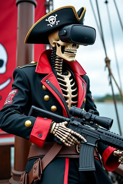 A hyperrealistic photo of a warrior skeleton dressed in a black, white and red pirate costume ,  mobster with virtual reality glasses on ,  with a sniper in his hand and a sign that says : the Xamorrillo .  Riding a pirate ship with the pirate flag in the ...