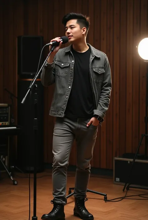 A handsome young Korean man age 25 ..  wearing a black t-shirt jacket in gray ..  wearing gray jeans wearing black boots .. sedang berdiri tersenyum bernyanyi memegang mic🎙️latar belakang sebuah studio rekaman musik..