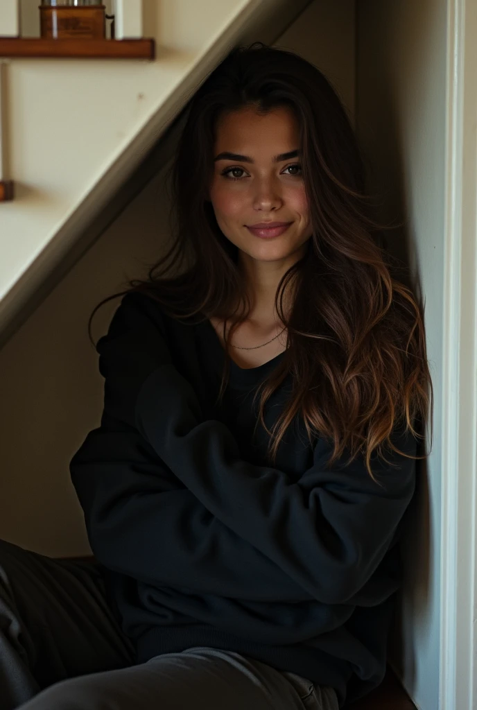 Beautiful long-haired woman sits under the stairs kissing her black sweatshirt full body trousers