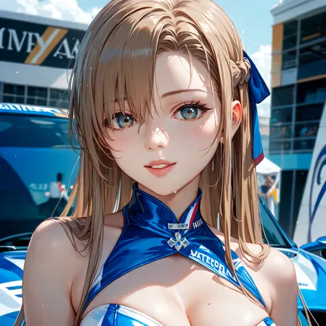 (( top quality )), ((masterpiece)), ( Details), （perfect face）、Yuki Asuna, who has bright brown hair, wears a Chinese race queen costume and is participating in the Chinese Motor Show as a race queen