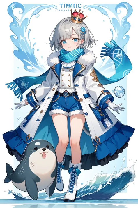 full body, femboy, fully clothed, An illustration, (masterpiece、最high quality、high quality), pure white background, Character design, Character sheet, seal, A small seal plushie or charm attached to the belt or worn as a necklace. A flowing scarf in pastel...